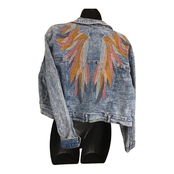 Austin Landing acid wash look embroidered‎ angel wings denim jeans jacket size M - Picture 6 of 11